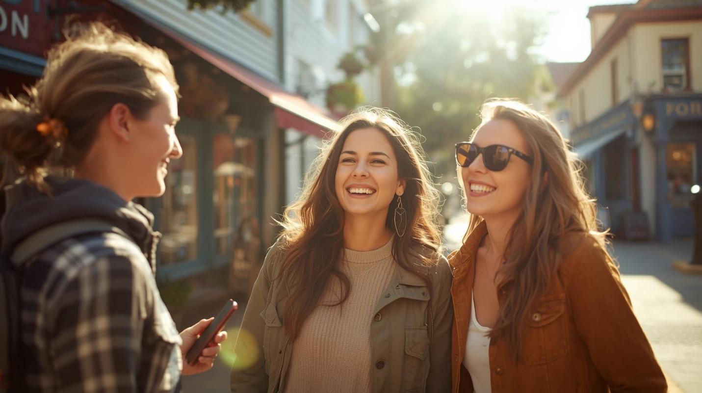Cheerful small-town friends enjoying sunny day with subtle media hints nearby.