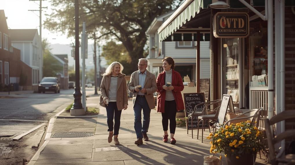 Small town neighbors smiling during morning routines, creating warm connections and shared daily moments.