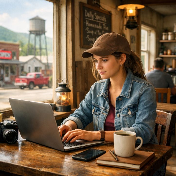 A small-town creator working on a laptop in a rural café