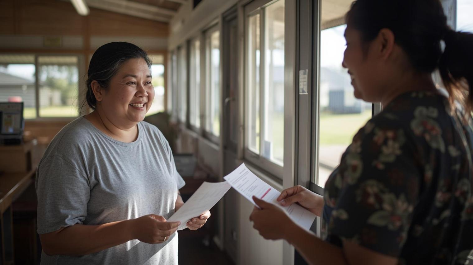 Rural resident receives document assistance inside a welcoming small town community office today.