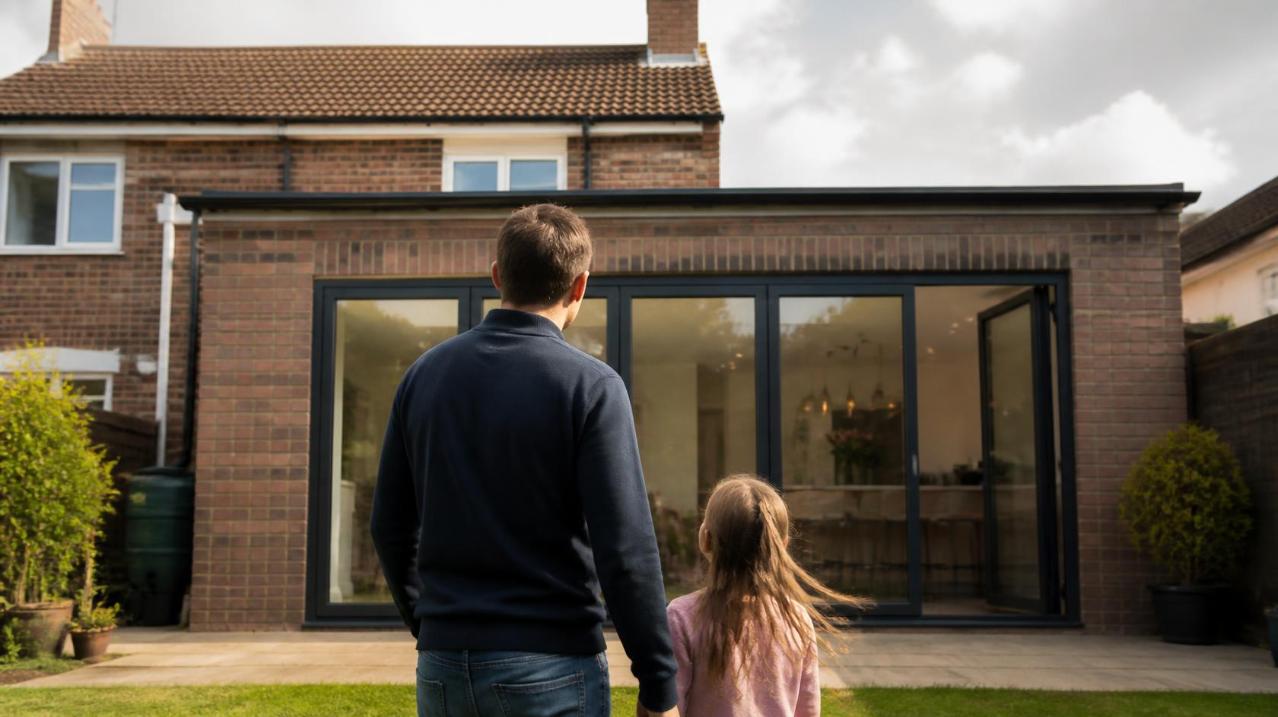 Father and daughter admire their newly extended family home in golden light.